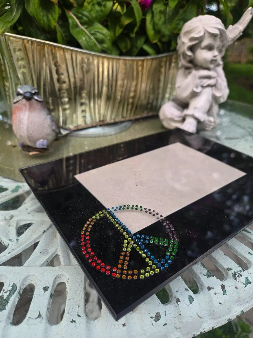 Retro y2k Rainbow Rhinestone Peace Sign Photo Frame - Glossy Black Glass